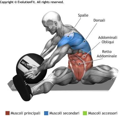 mappa muscolare addominali torsioni seduto con wallball