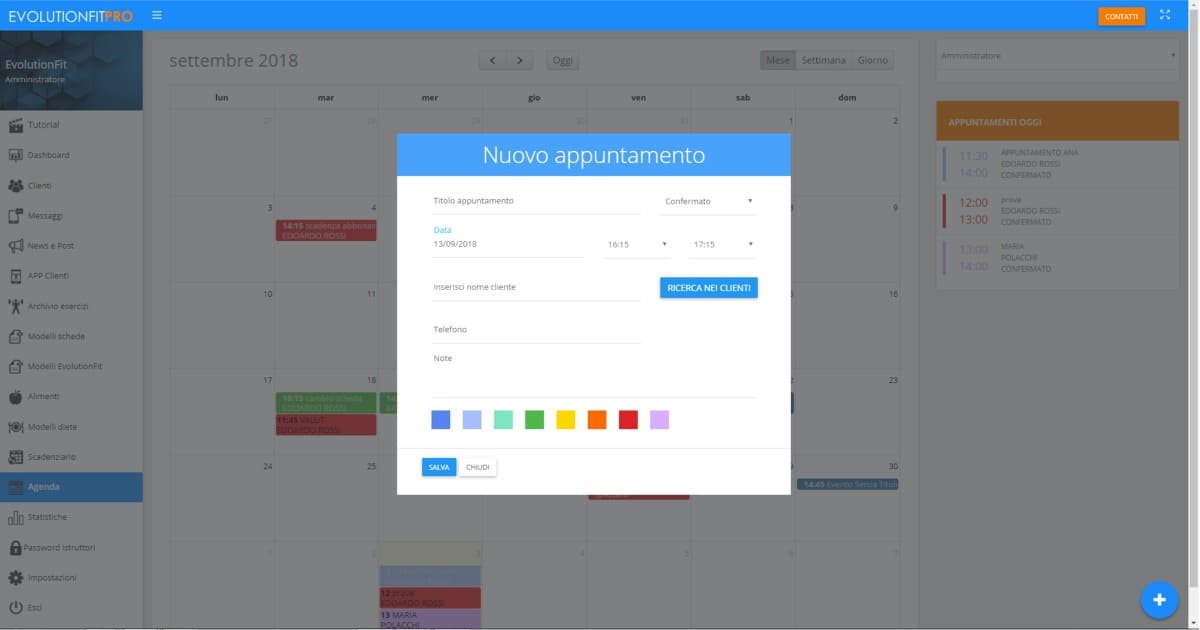 Screenshot inserimento nuovo appuntamento